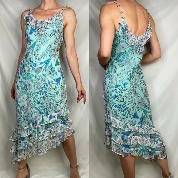 ICE silk floral fairy slip dress rosette straps ruffle asymmetrical vintage Y2K - Picture 13 of 16